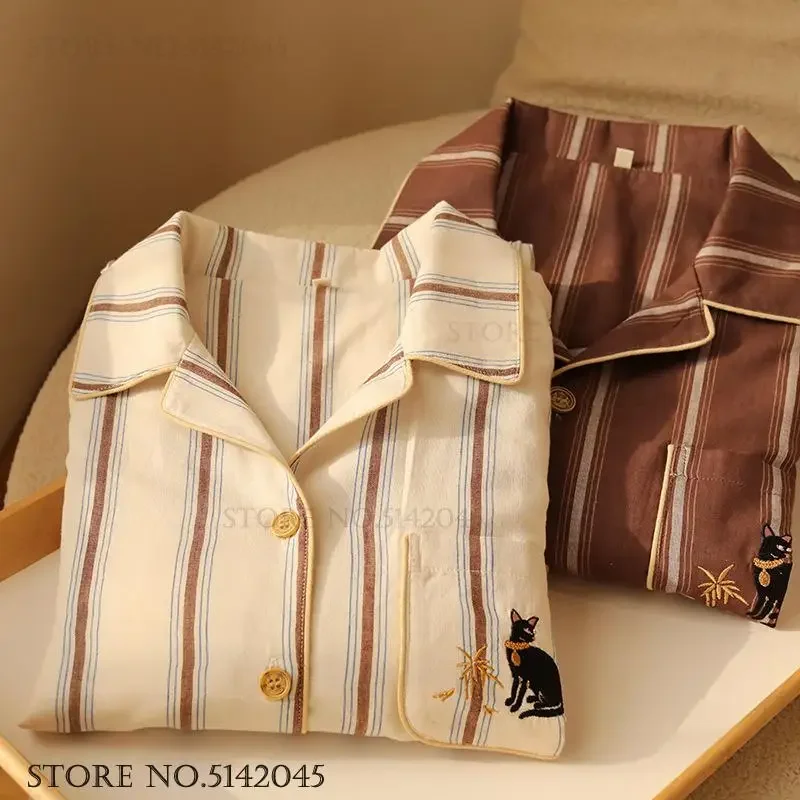 

Пижамный комплект из 2 предметов с вышивкой из мультфильма, хлопковая одежда для сна для пар, брючные костюмы с длинными рукавами, пижамы, осенняя новая женская домашняя одежда, пижамы