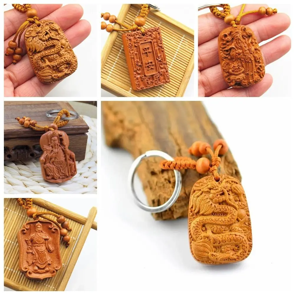 Feng Shui Chinese Dragon Statue Peach Wood Lucky Wood Carving Keyfob Handmade Carving Craft Car Interior Ornaments