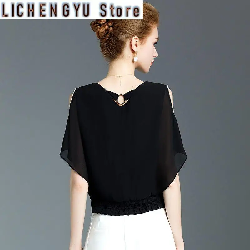 Fashionable Chiffon Shirt  Women Short-sleeved Super Fairy Black Bat Sleeve Fashionable Shirt Covering Belly Look Slim Top