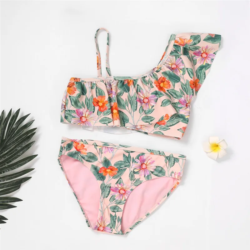 TUONXYE Girls Swimwear Swimsuits Outfits Off Shoulder Crop Top Floral Print Briefs Set Children Bikini Beachwear Bathing Suits