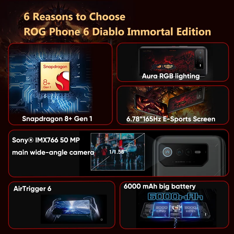 ASUS ROG Phone 6, Диабло, иммортный ограниченный выпуск, игровая искусственная кожа, Snapdragon 8 + Gen 1, 165 Гц, AMOLED экран, мобильный телефон