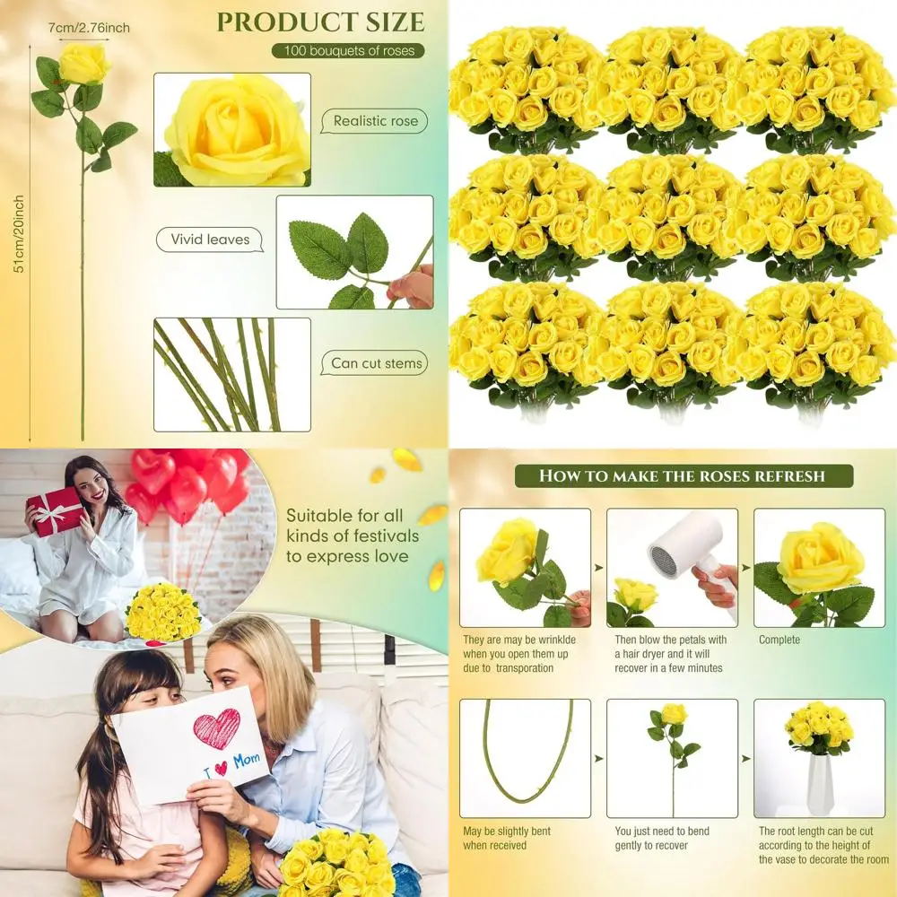 

Оптовая партия из 100 искусственных шелковых роз с длинными стеблями, желтого цвета, для букетов, украшения столов, свадеб и домашнего декора