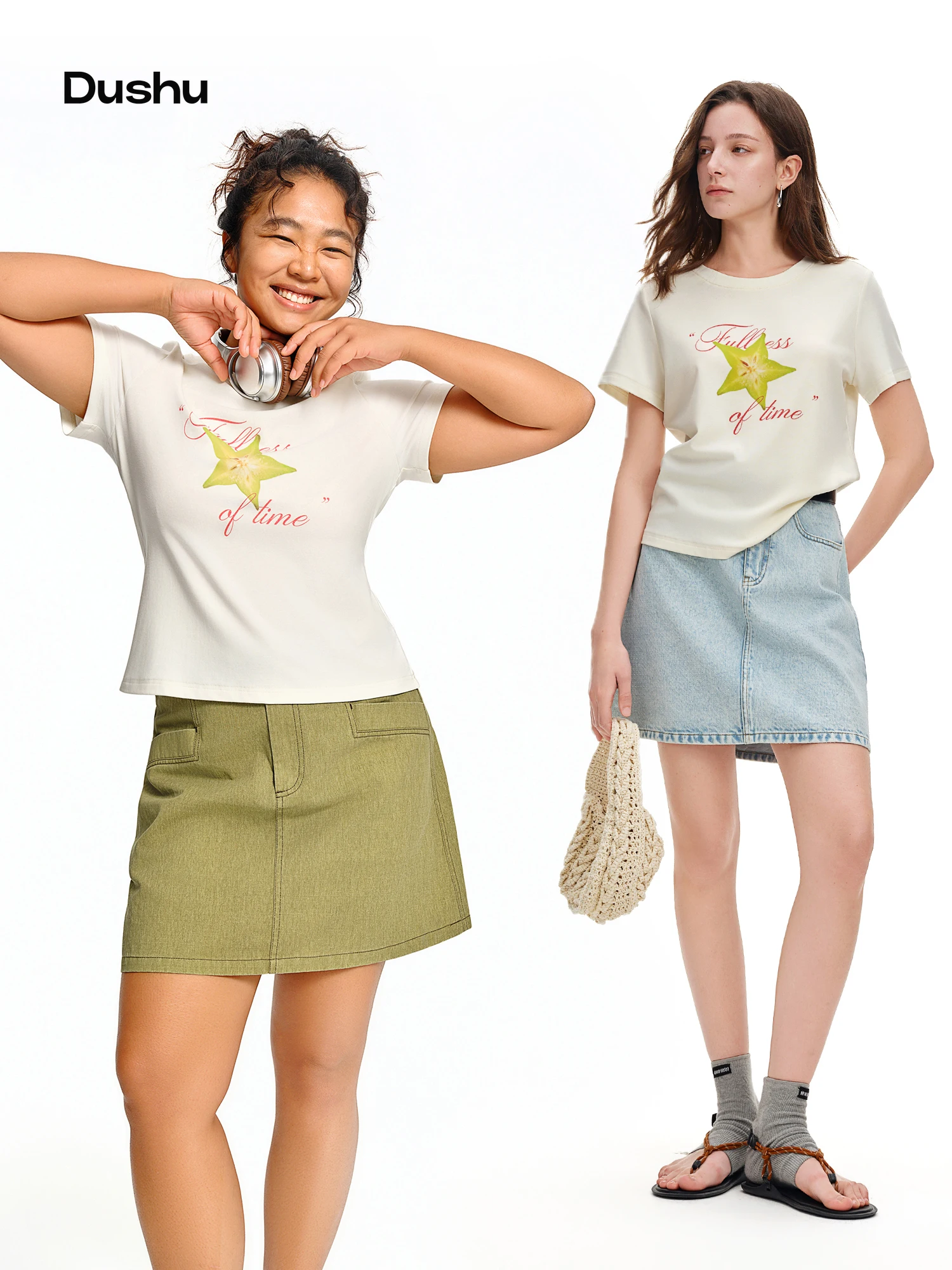 DUSHU 2026 Summer Women's Fruit Print Multi-Color Fitted T-Shirt - Casual Stylish Top for Daily Summer Wear