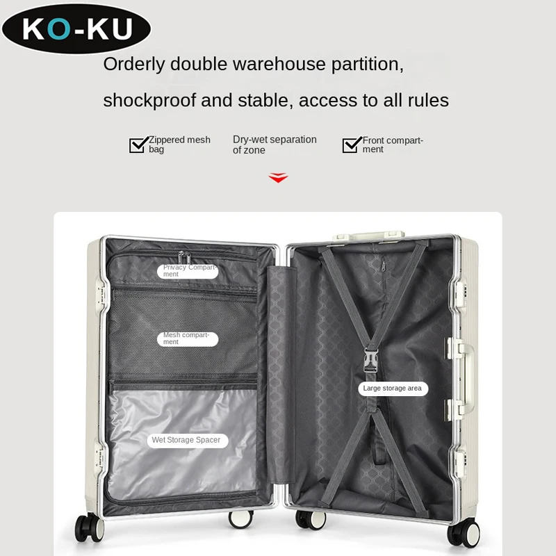 KO-KU Front Opening Suitcase 24 Inch Aluminium Frame Large Capacity USB Charging With Cup Holder Trolley Case 20\'\' Boarding Box