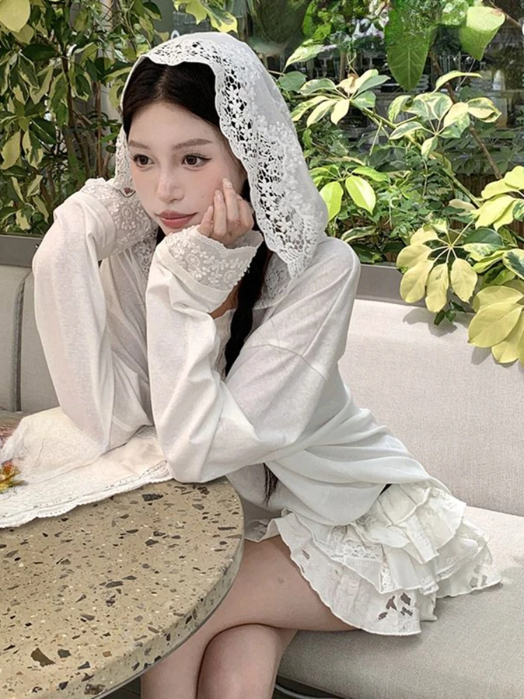 Fashion Elegant T Shirts Solid Color Lace Patchwork Hooded Long Sleeve Casual Loose Tops Tees All Match Design Women's Clothing