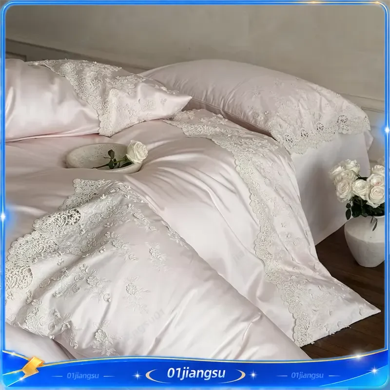1000TC Egyptian Cotton Bedding Set French Hollow Lace Patchwork Princess Pink Duvet Cover Flat Fitted Sheet Pillowcases 4Pcs
