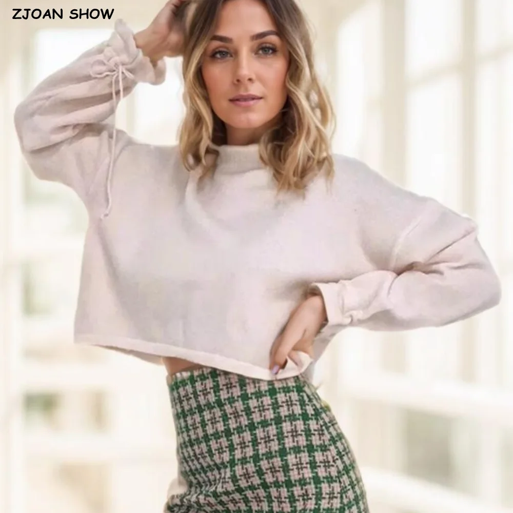 

2025 Autumn Women O neck Knitted Sweater American Retro Tie Bow Cuff Full Sleeve Pullover Loose Jumper Short Knitwear