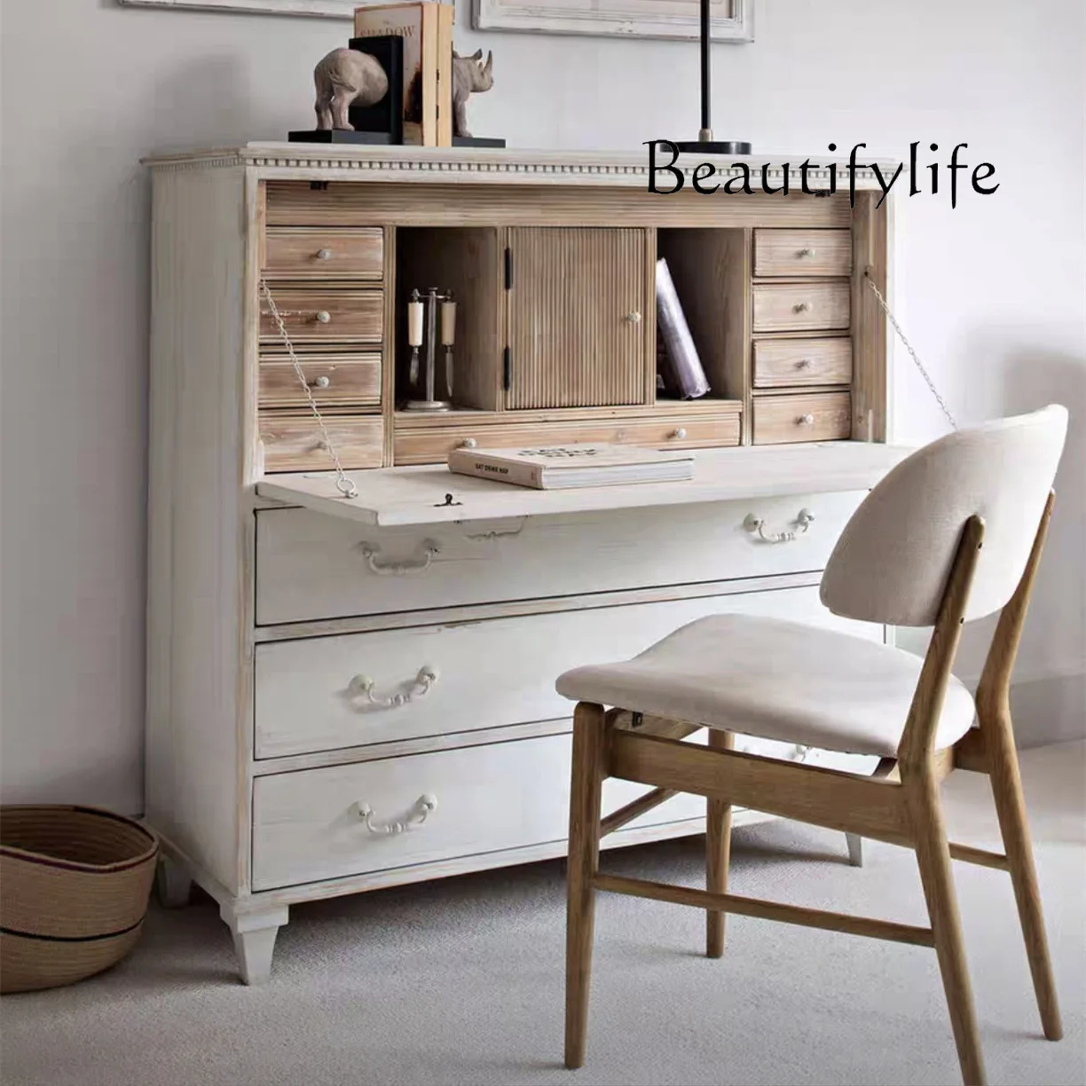 French retro solid wood multi-functional chest, living room against the wall, large-capacity locker, American bedroom flip dress