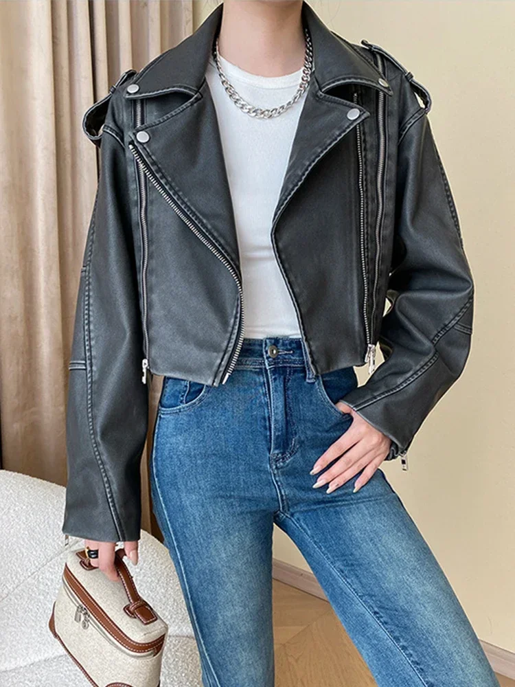 Fitaylor New Spring Autumn Vintage Motorcycle PU Coat Women Streetwear Loose Turn-down Collar Zipper Faux Leather Short Jacket