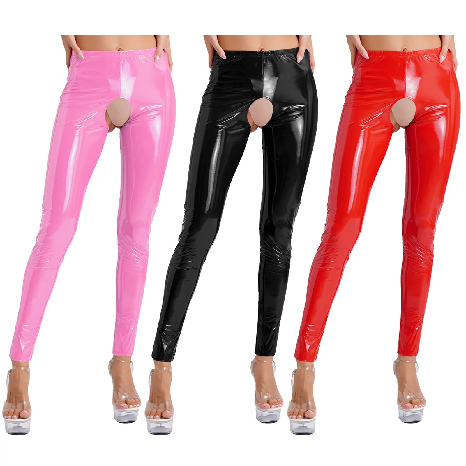 Women Sexy Patent Leather Skinny Pants Glossy Wet Look Elastic Waistband Cutout Crotch Leggings Erotic Long Pants High Waist