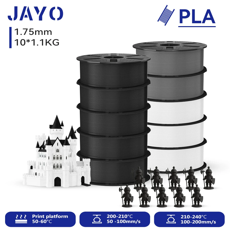 JAYO 10 Rollen 3D PLA Druckerfilament 1,75mm, ungiftig & blasenfrei, PLA-Kunststoff als 3D-Druckfilament für 99% der 3D-FDM-Drucker & -Stifte, 1,1KG/Rolle