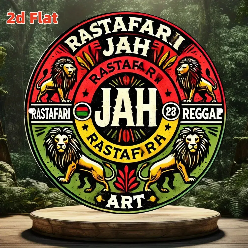 2D Flat, Vintage Rastafarian Reggae Metal Wall Decoration-Featuring The of Judah And Bob Marley, Vibrant Green/Yellow/Red Colors