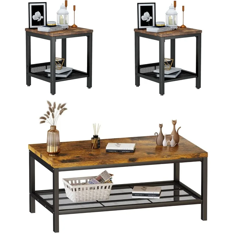 3 Pieces Industrial Coffee Table Set with 2 Square End Side Tables,  Metal Frame for Apartment Home Office, Rustic Brown