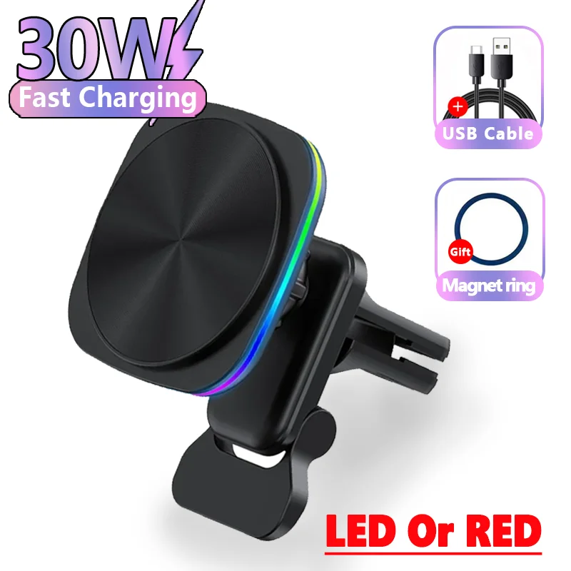 30W RGB LED Magnetic Wireless Charger Car Phone Holder Stand Car Mount For iPhone 15 14 13 12 Pro Max Car Fast Charging Station