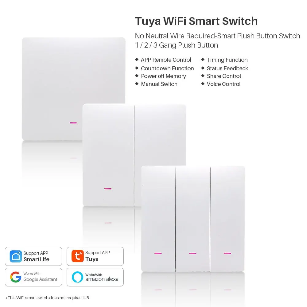 Tuya Smart Wifi Button Switch No Neutral Wire Required 1/2/3 Gang Wall Light Switch Smart Home Support Alexa Google Home Alice