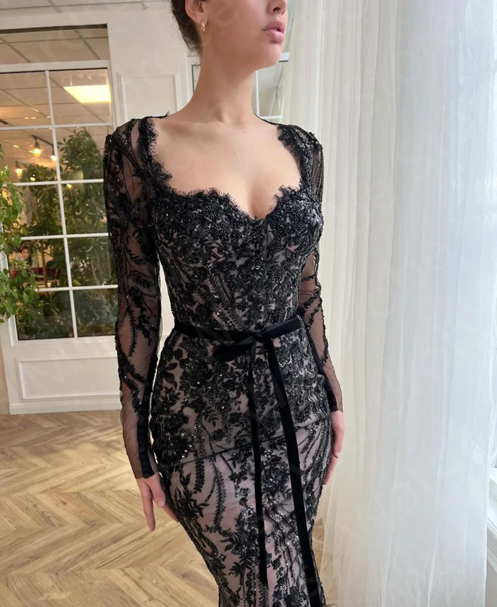 Vintage Mermaid Evening Dresses Lace Black Prom Party Gowns Long Sleeves Sweetheart Wedding Party Gowns 2024 Sequined Bow Belt