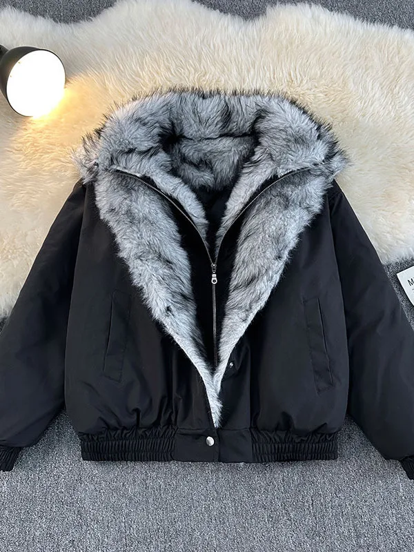 

Retro Faux Leather Jaet Thiened Cotton Coat Men's Loose Deconstructed Brued High-End Fur Collar Outerwear