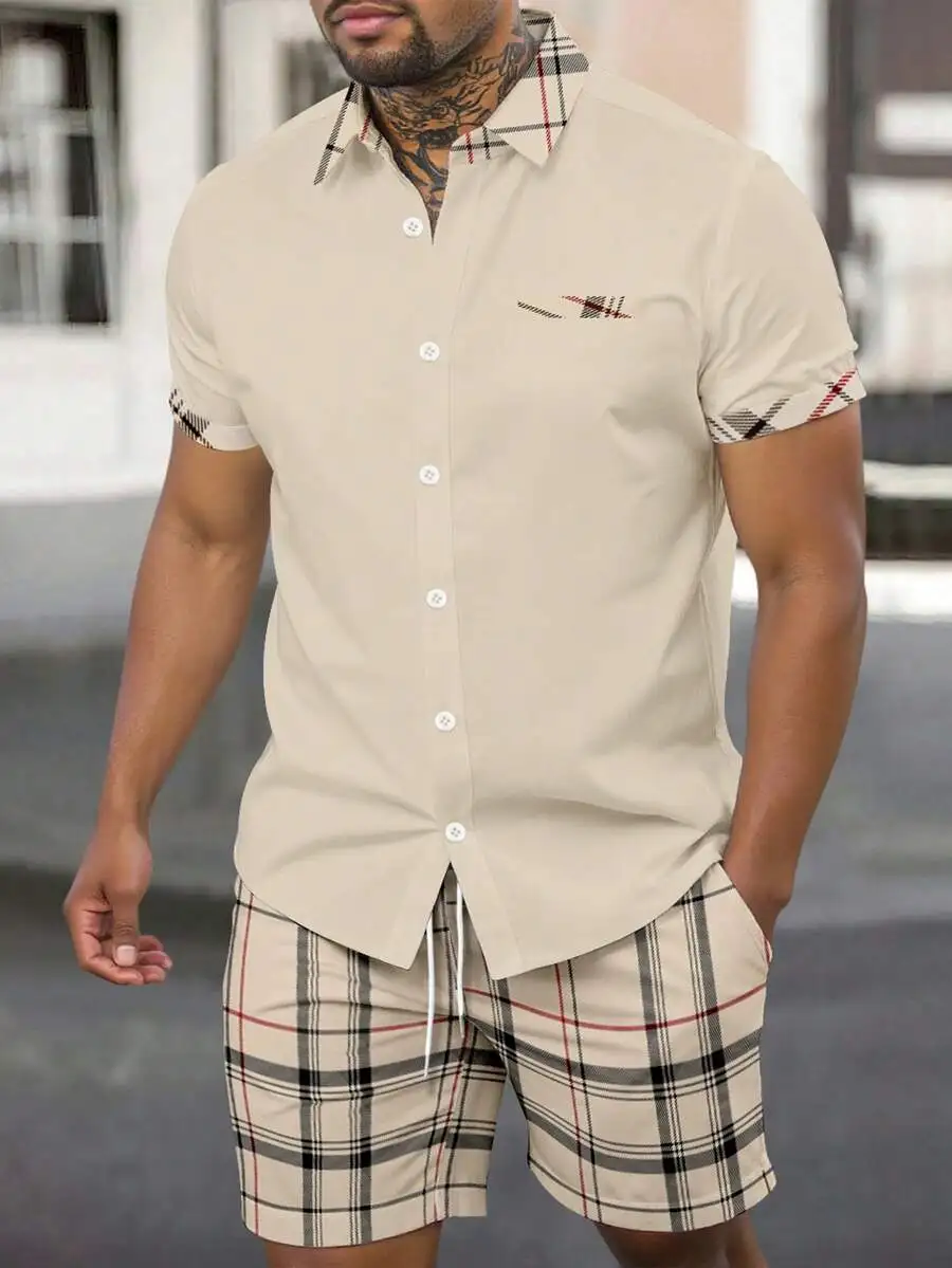 Manfinity Homme Men's Summer Plaid Splicing Short Sleeve Shirt And Shorts Casual 2-Piece Set Men Short Sleeve Dress Shirt, - view 3