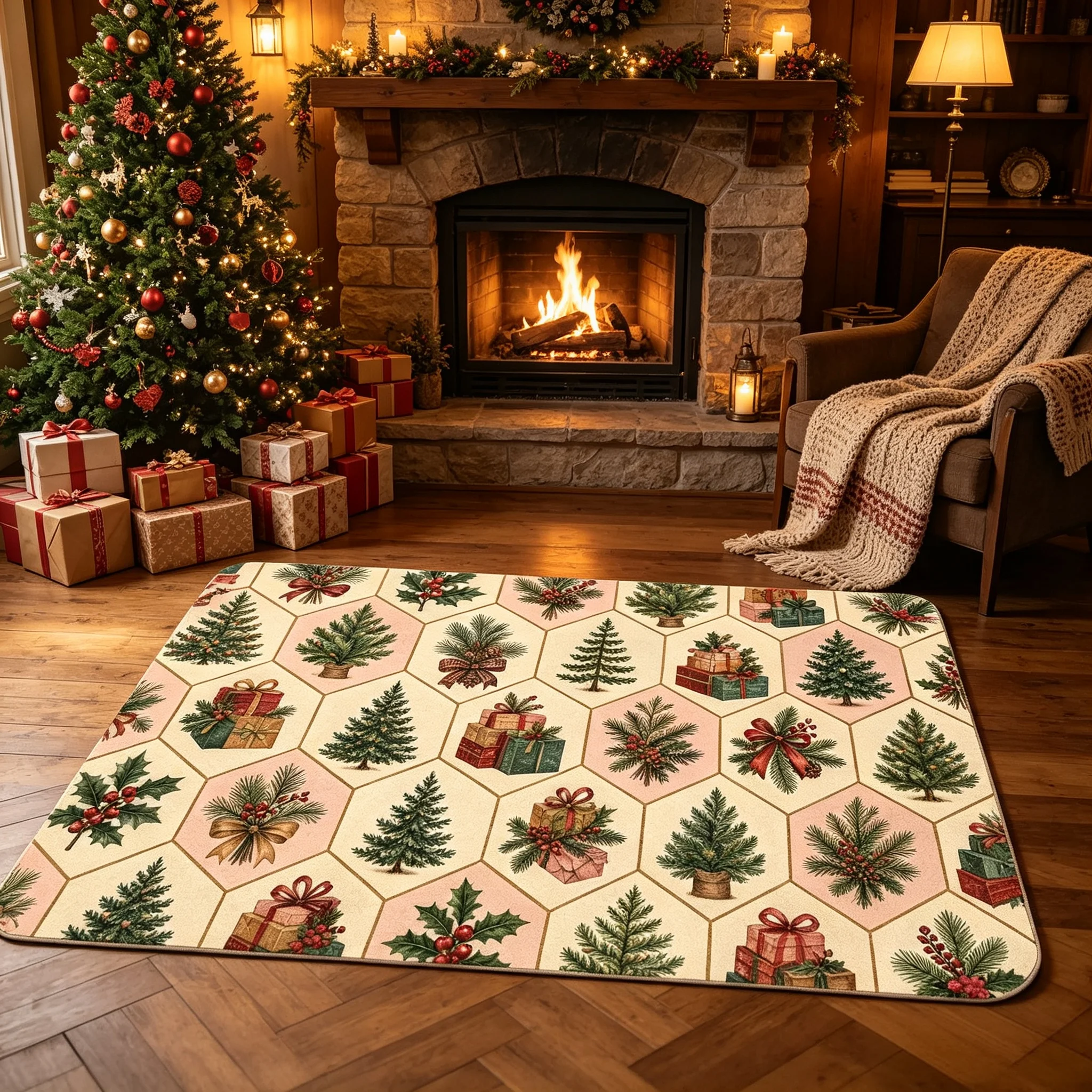 Christmas Tree Gift Print Area Rug Vintage Hexagon Pattern Floor Mat For Living Room Xmas Home Holiday Decoration