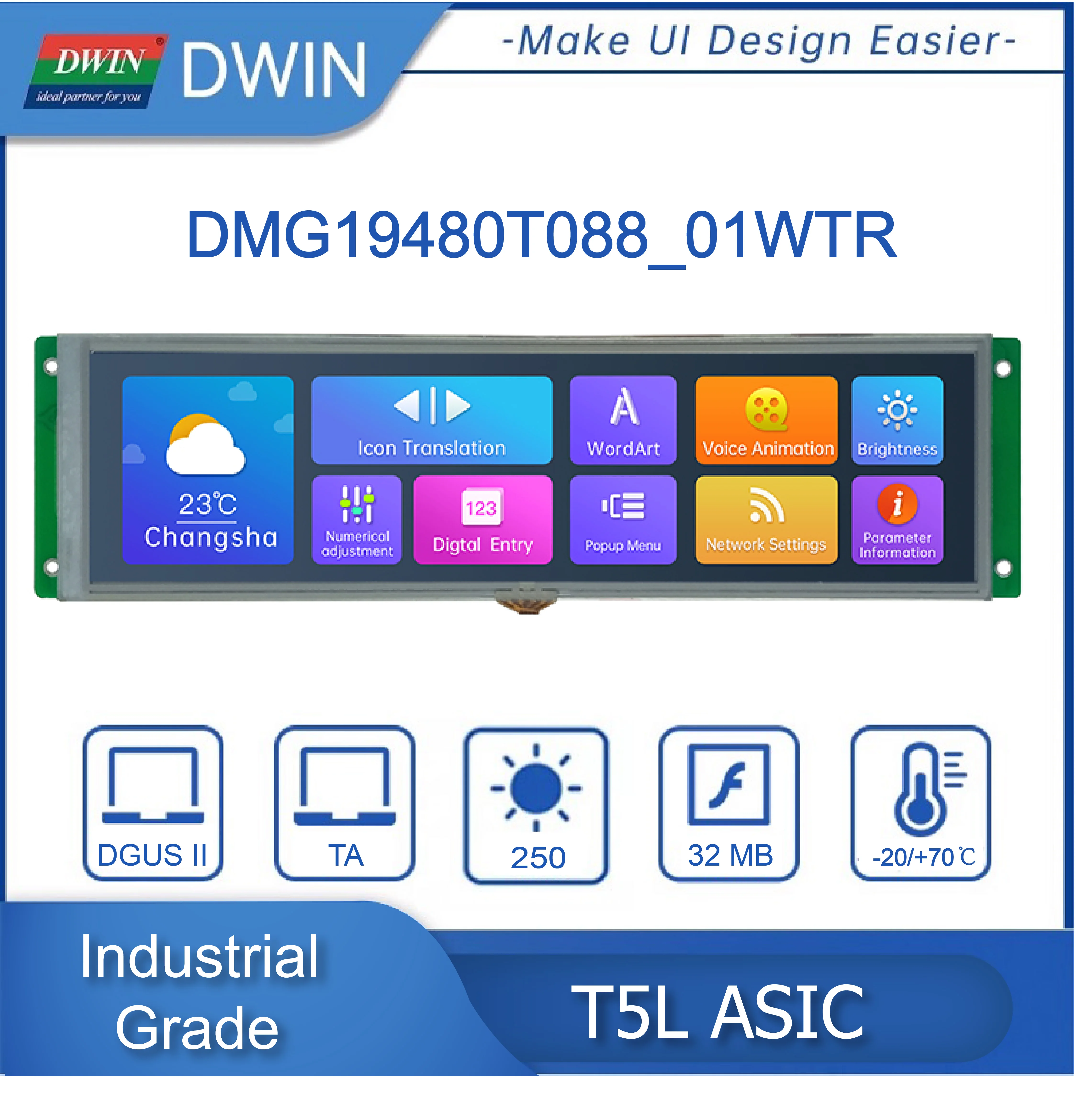 DWIN 8.8 Inch 1920x480 TFT LCD HMI Display Module TTL/RS232 IPS Capacitive Resistive Touch Screen DMG19480T088_01W
