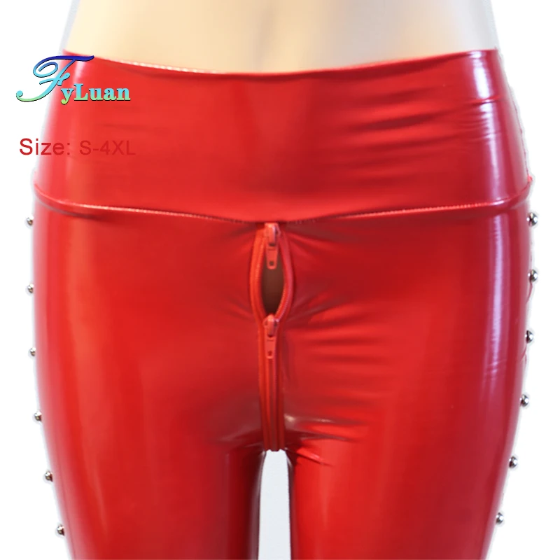 New Large Size Leggings Punk PU Leather Double Zipper Pants For Women Sexy Rivet Long Trousers Club  Rock Performance Costumes