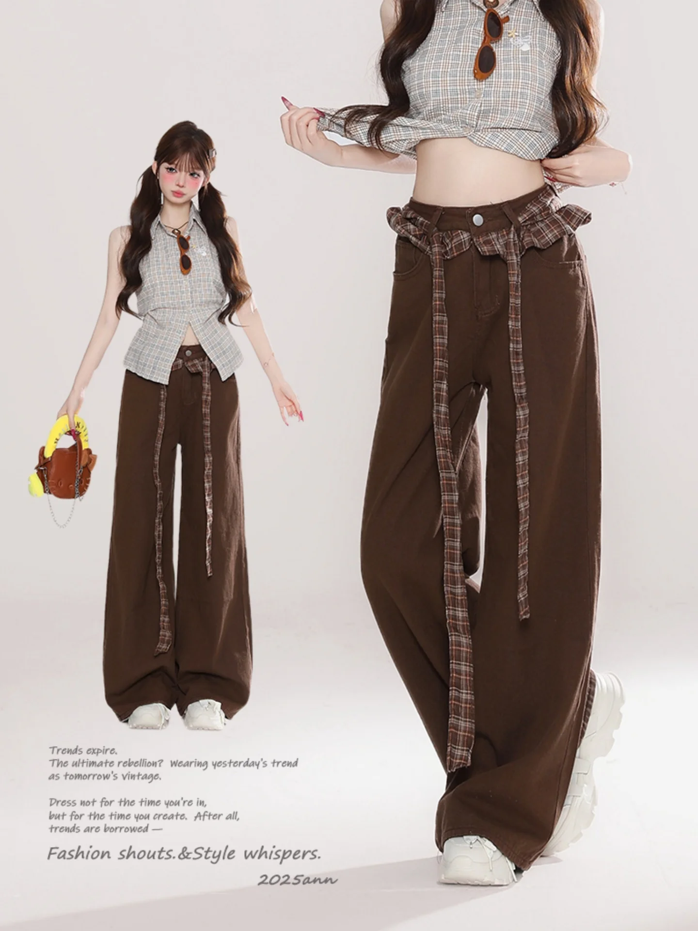 

Повседневные широкие брюки с кружевной цветочной отделкой, женские брюки с высокой талией, осенняя новинка, американский стиль, хлопковые джинсы из денима