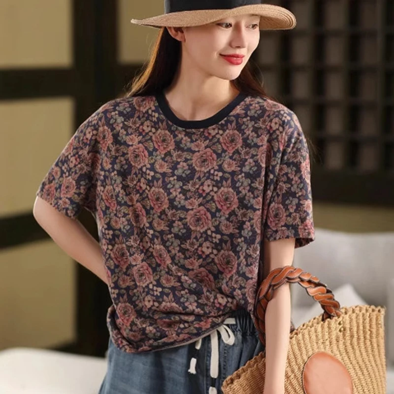 Mass Wass 2025 Zomer Vrouwtjes Mode Vintage Bedrukte T-shirts Dames Klassieke Losse Bloemenkleding Vrije tijd Elegante Katoenen Tops
