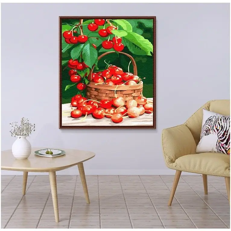 Handmade cross stitch finished red cherry picture, fruit basket, fruit restaurant, small embroidered decorative painting for