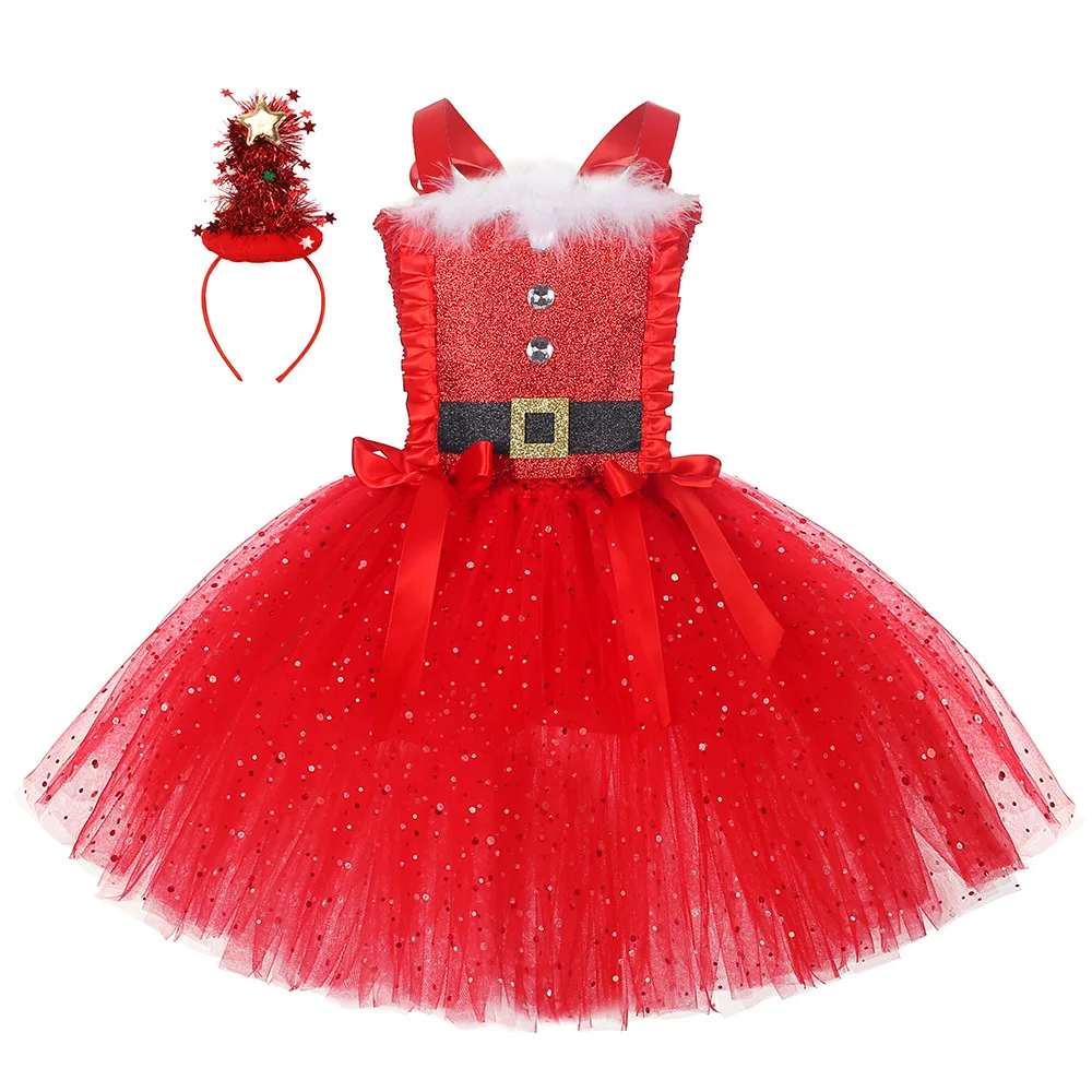 Girls Sequins Christmas Tree Tutu Dress Children Xmas Green Dress New Year Red Mesh TUTU Skirt Holiday Dress Set Girl Cloth ZZ12