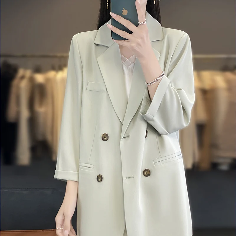 2024 Spring Summer New High Quality Suit Women\'s V-Neck Acetic Acid Silk Button Pocket Casual And Elegant Style Small Suit Coat