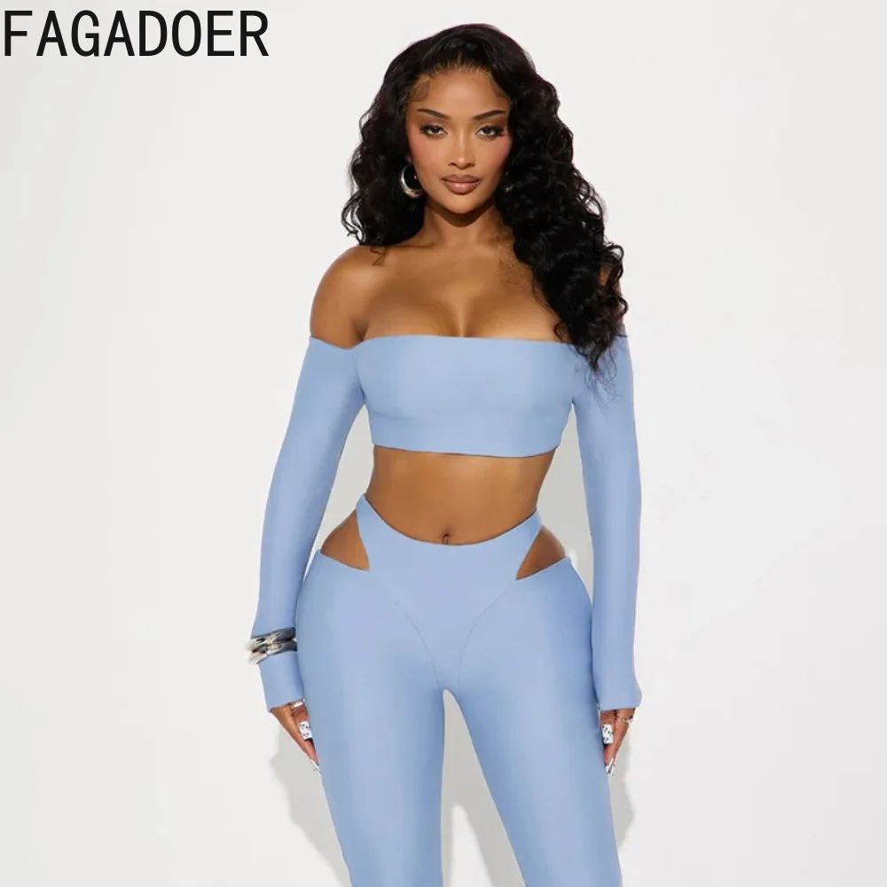 FAGADOER – ensemble 2 pièces ajouré pour femme, tenue Sexy, couleur unie, haut court + pantalon slim, Streetwear assorti