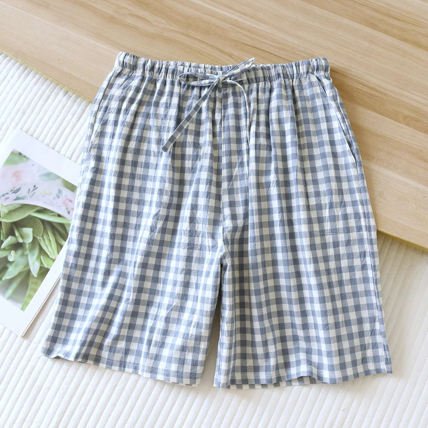 Men's blue plaid washed cotton shorts hm