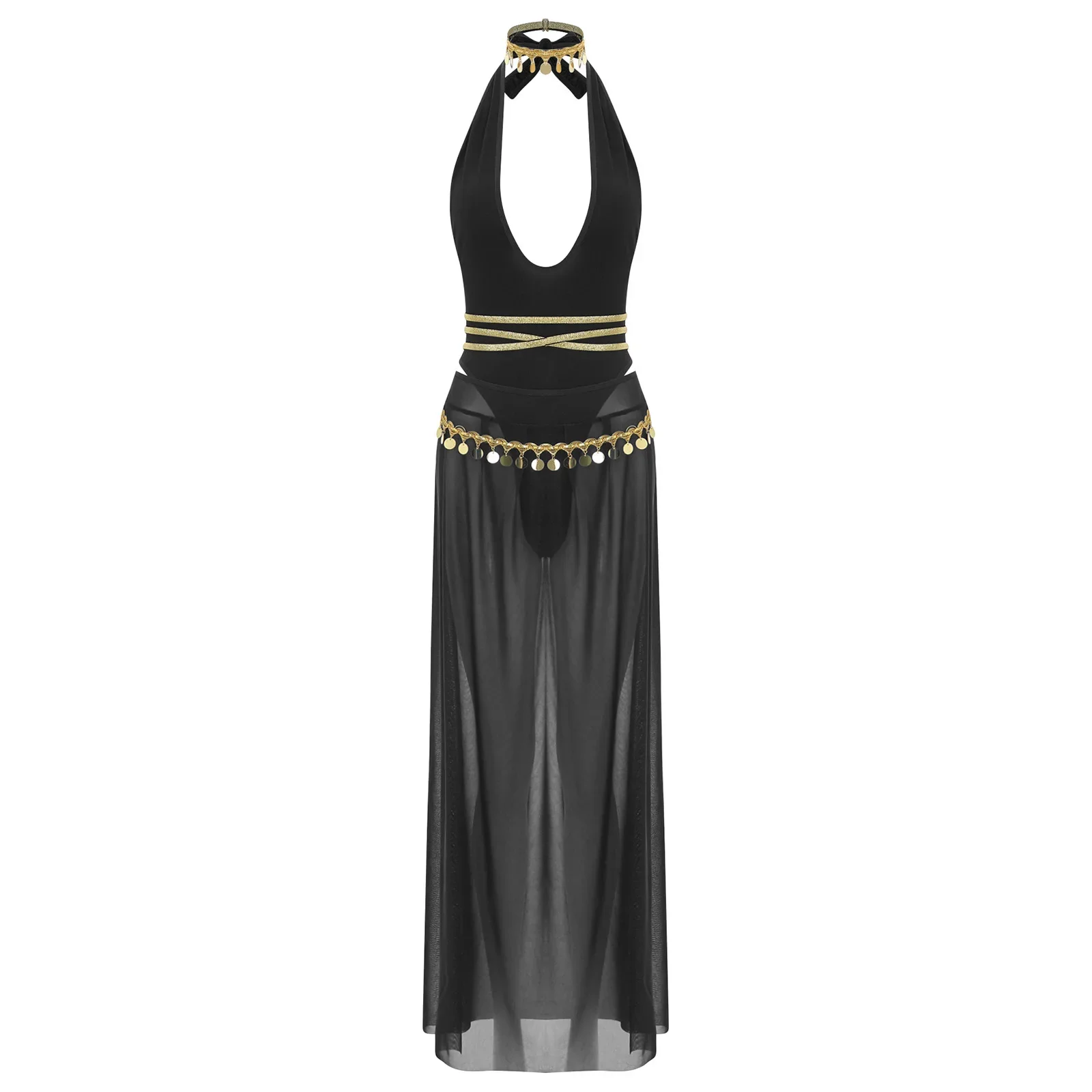 

Tenues de danse du ventre pour femmes, body licou avec jupe en maille fendue, ras du cou et ceinture à paillettes