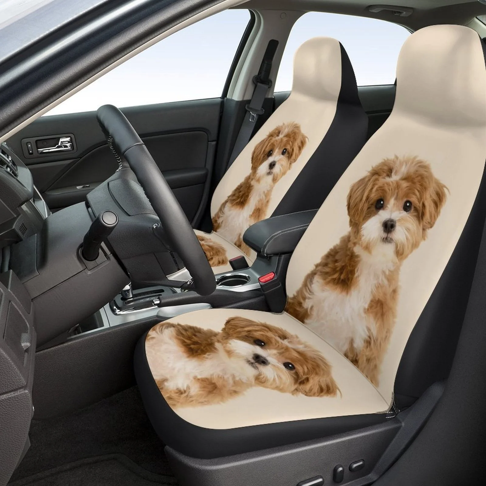 2pcs Cute Puppy Print Car Seat Covers, Breathable & Non-Slip Front Seat Protectors, Fit For Cars - Yellow & White Dog Design, Ma