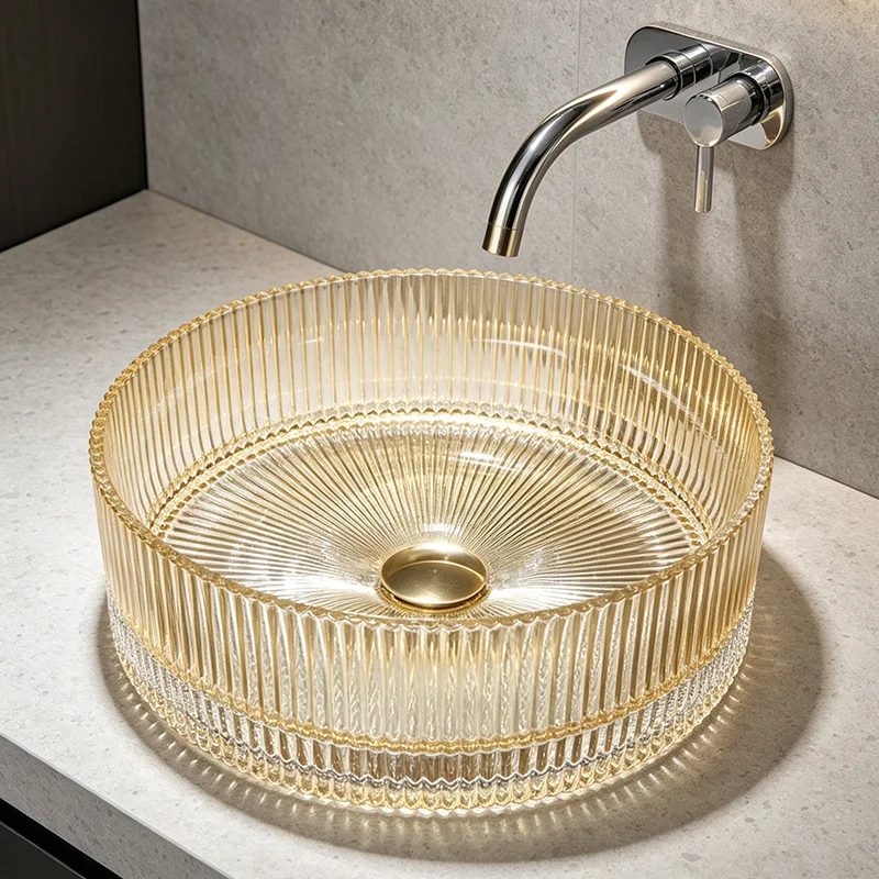 Golden Glass Countertop Basin, with a Simple and Elegant Round Shape, the Light Passing through the Basin Creates Dynamic Reflections, Creating a Rich Atmosphere. the Three-Dimensional Straight-Line Design Enhances the Light and Shadow Layers, Making It an Ideal Choice for Modern Bathroom Fixtures, Suitable for Dressing Rooms, Vanity Tables, and Home Bathroom Sinks, and Can Be Matched with Various Decor Styles (Accessories Not Included)