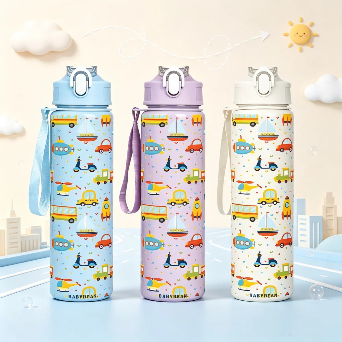 750ml Plastic Water Bottle Cartoon Transport Vehicle Print Flip Straw Cup Leakproof Lanyard Kids Outdoor Back To School Tumbler