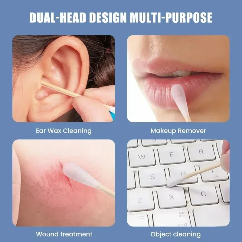 Hisopos de algodón de madera de doble cabeza |   Limpiador de oídos higiénico desechable y removedor de maquillaje |   Paquete de 1 capullos de algodón