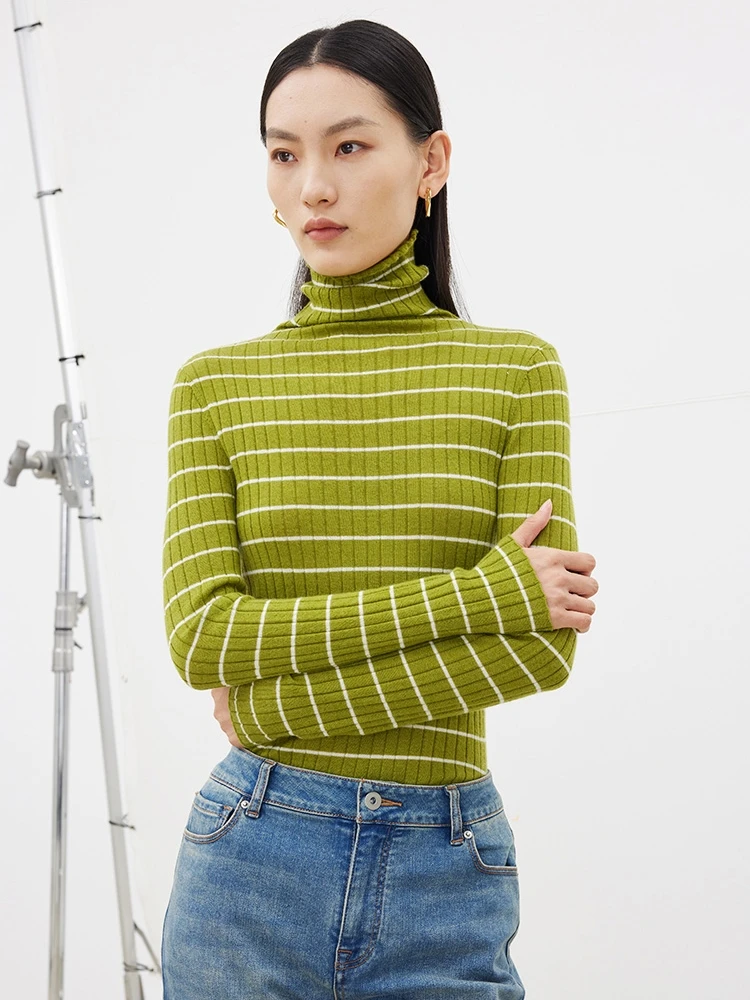 

wei Soft 00% Camere High Collar One-Piece Knitted Sweater een White Stripes Base Layer Earlet Long Sve Woolen Top