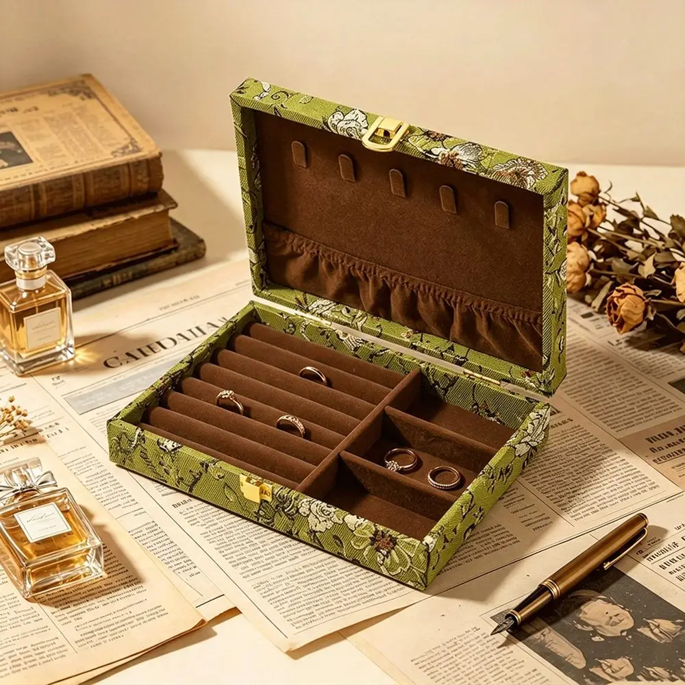Dresser Decor Retro Wooden Jewelry Box Floral Embroidered Vintage Jewelry Case Luxury Large Capacity Jewelry Container Necklace
