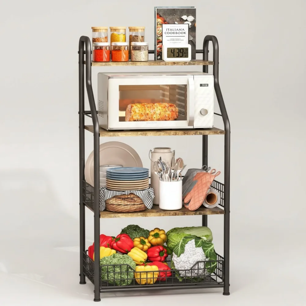 

4-Tier Microwave Stand with Storage, Metal Bakers Rack for Kitchen, Coffee Bar Cart with S-Hooks