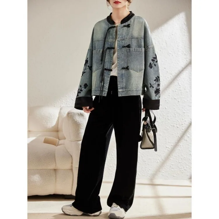 New Chinese Style Stand Collar Denim Jackets 2024 Spring  Embroidery Coat Women Y2k E-Girl Long Sleeve Loose Tops Mujer