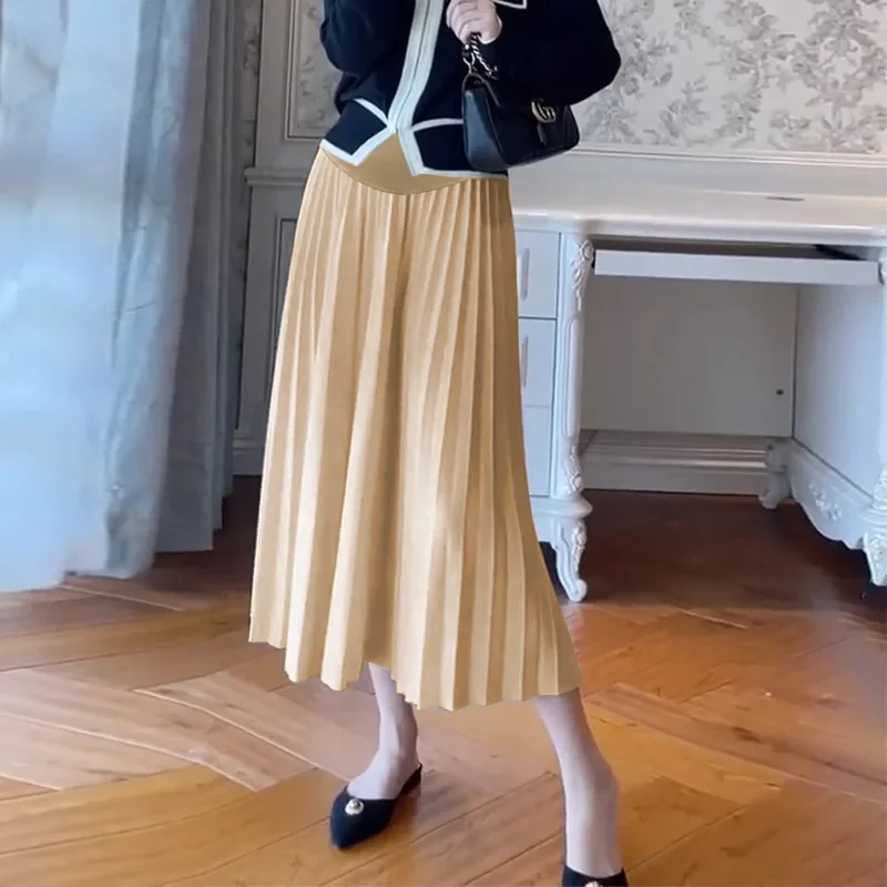 1108# Autumn Winter Fashion Pleated A Line Maternity Long Skirts Warm Loose Belly Clothes for Pregnant Women Casual Pregnancy