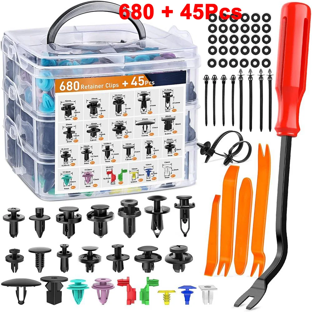 

Набор автомобильных крепежных клипс (680 шт.): кнопочные фиксаторы, заклепки для кузова, бампера, дверных панелей и обшивки