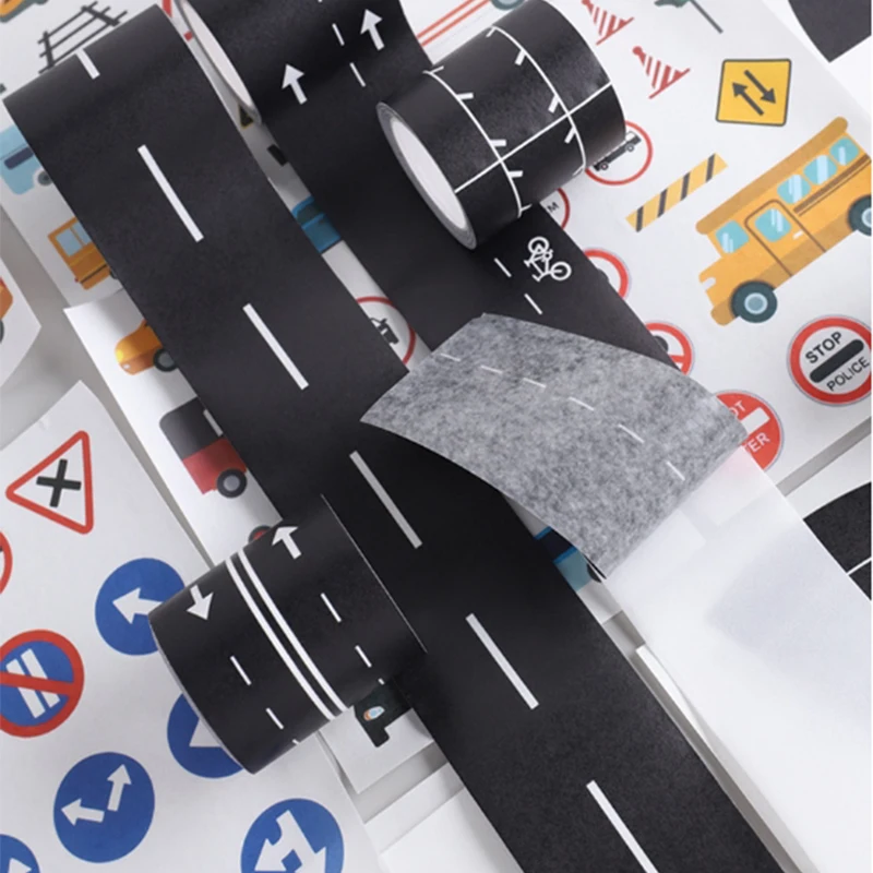 装飾的な道路と鉄道のデザイン紙テープ、鉄道と高速道路の装飾テープ、薄いステッカー装飾、1箱あたり6ロール