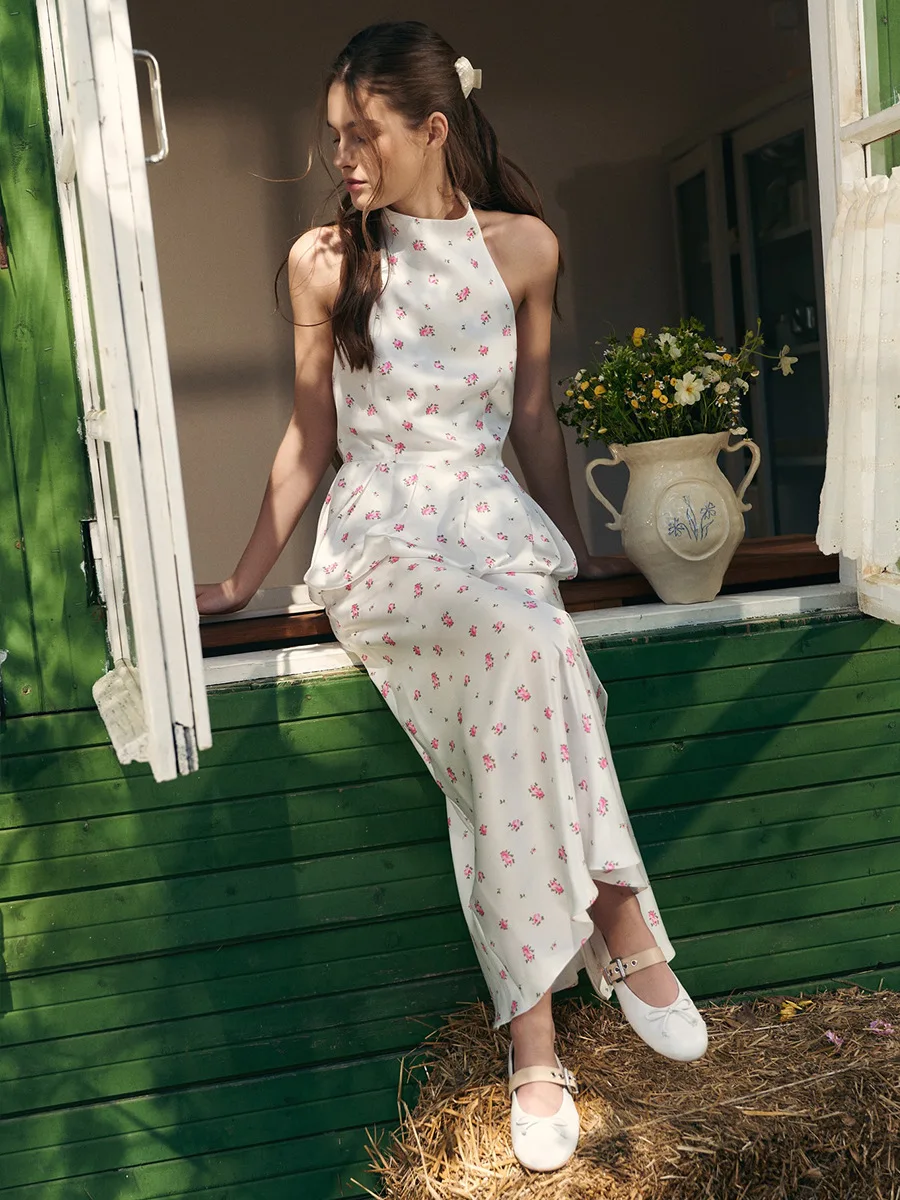 

FDYOUI Women Halter Neck Floral Print Tank Tops+Long Skirts Matching Sets Elegant Female Evening Party Pink Dresses 2 Piece Set