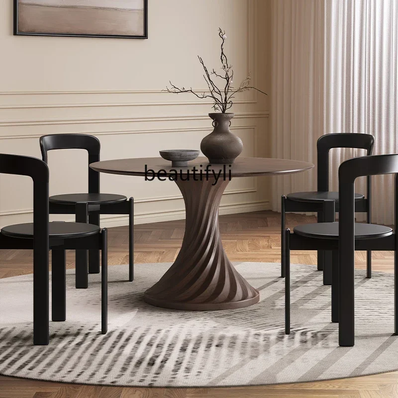 

Retro solid wood round dining table and chair combination walnut small apartment French medieval round table