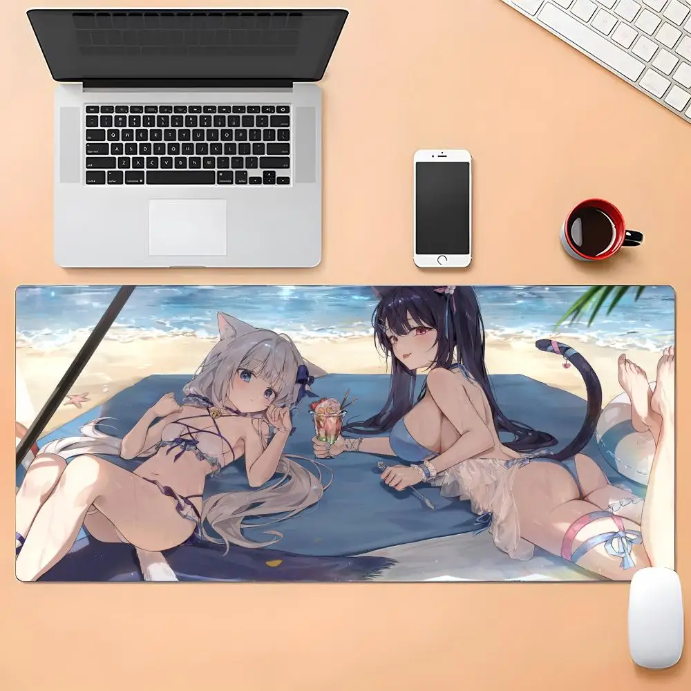 XXL Summer Beach Twin Beast Ear Anime Girls Gaming Desk Pad, Wear Resistant Rubber Base Lock Edge Non Slip Mouse Mat