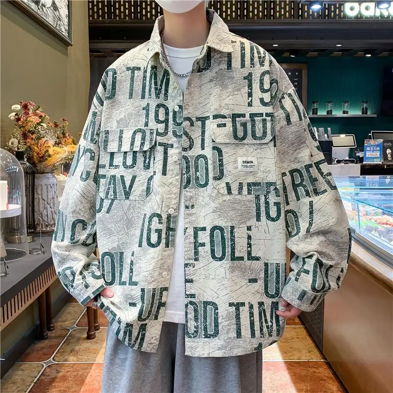 

Boyfriend Spring and Autumn 2024 New Splicing Square Collar Button Printed Letter Pocket Fashion Loose Casual Long Sleeve Shirts