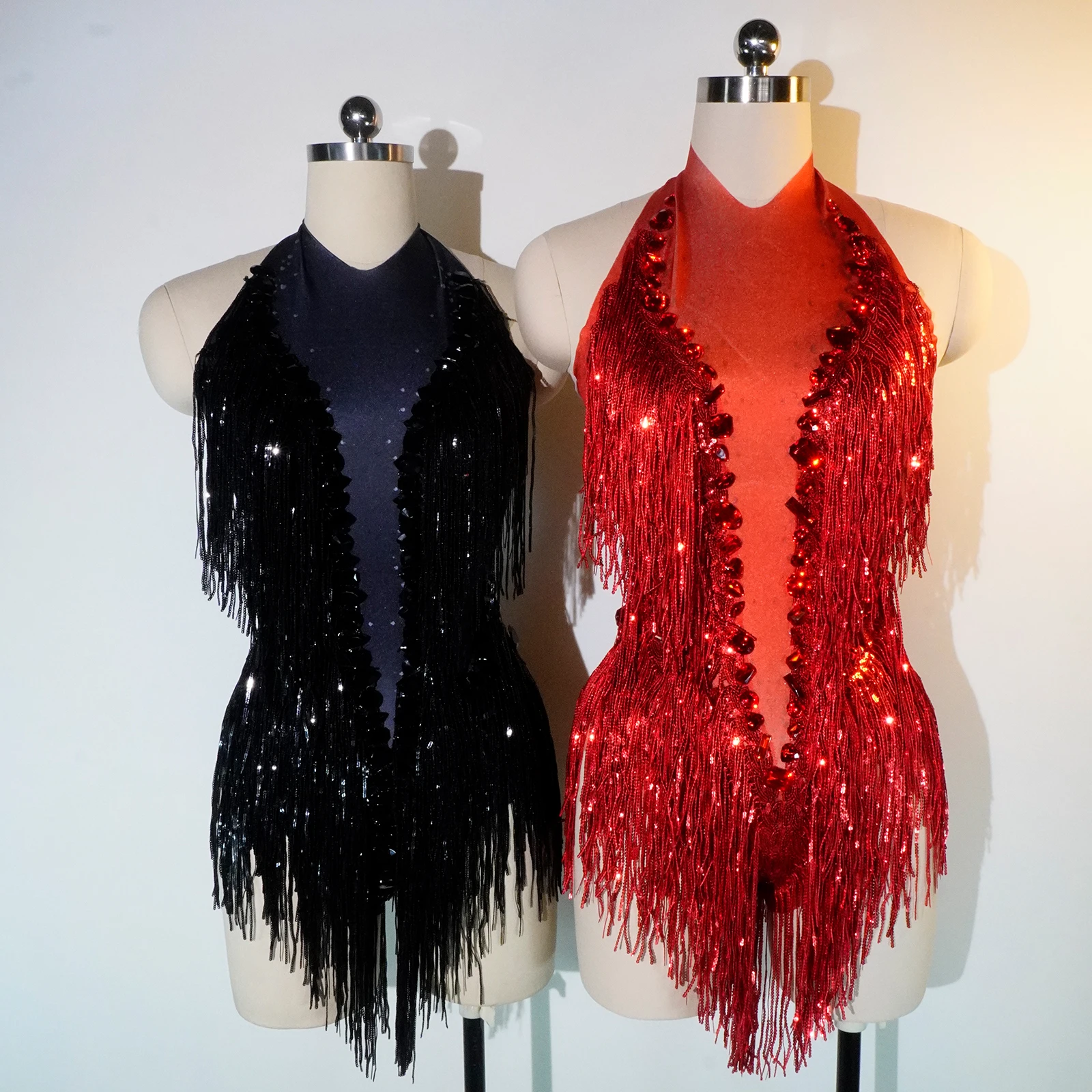 

Sparkly Rhinestones red Fringes Leotard Sexy Tassel Bodysuit Jazz Dance Costume One-piece Stage Wear Dancer Performance Show