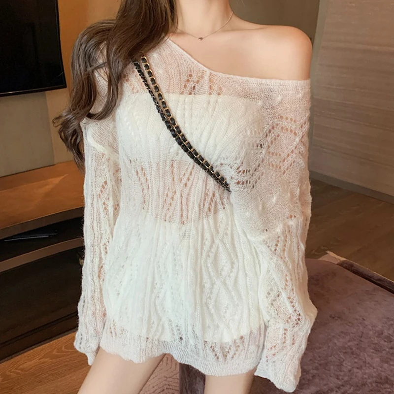 Sexy Hollow out Back Knitted Cover up Loose Long Sleeve Thin Top for Spring Autumn Versatile Fashionable Women's Clothing